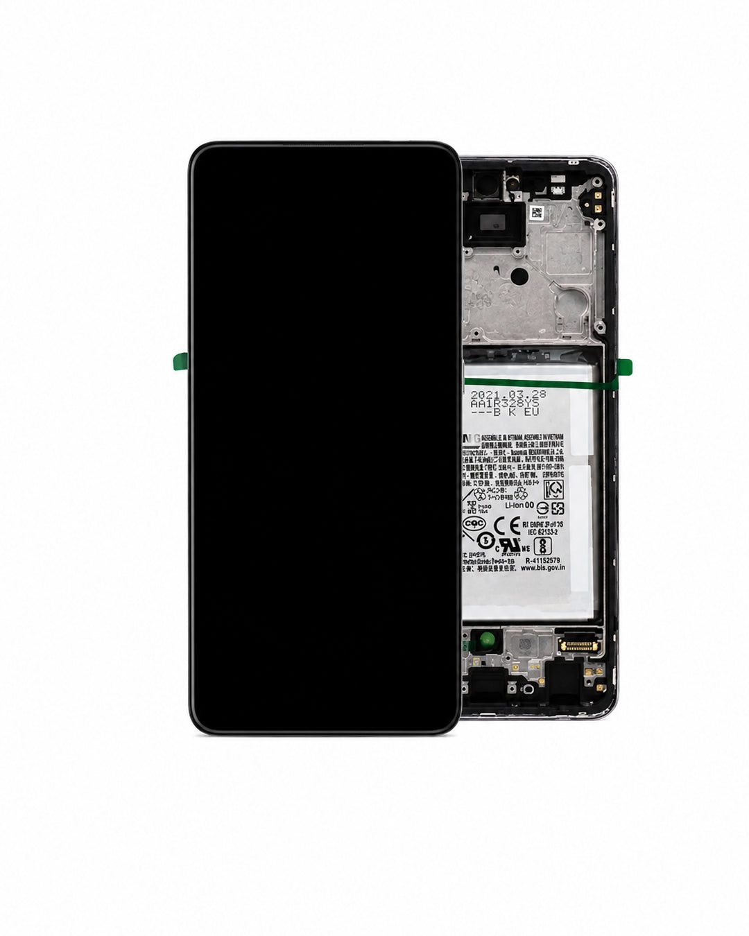 A replacement smartphone screen digitizer and frame assembly, shown with the black front panel in front of the exposed internal frame and battery.