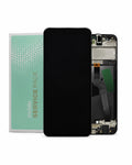 A replacement smartphone screen assembly shown disassembled, with the black front glass panel in the center and the internal frame and components visible on the right. A mint-green box labeled 'mobile service pack' stands to the left on a clean white background.