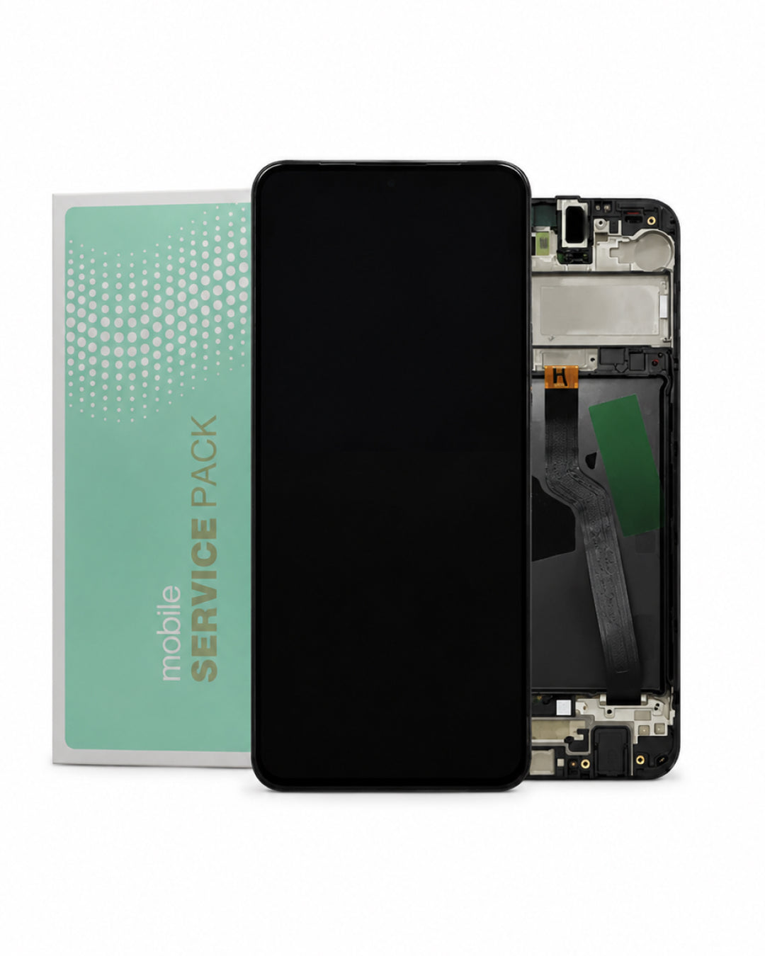 A replacement smartphone screen assembly shown disassembled, with the black front glass panel in the center and the internal frame and components visible on the right. A mint-green box labeled 'mobile service pack' stands to the left on a clean white background.