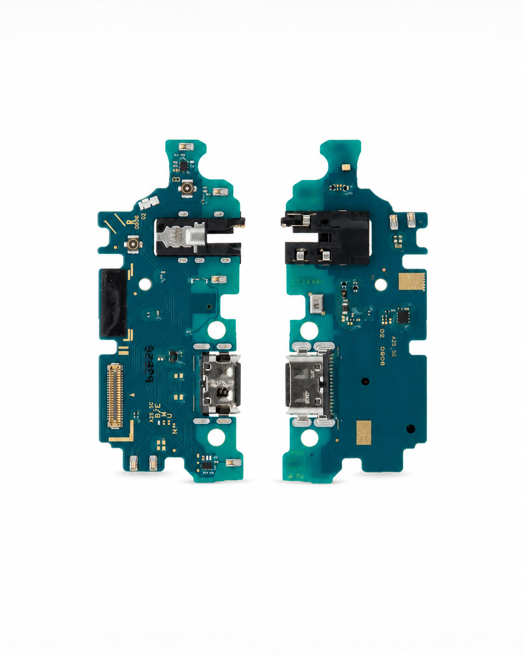 Two replacement phone battery circuit boards with teal blue PCBs, shown side-by-side on a white background.
