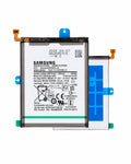 Samsung replacement battery with a white label, black casing, blue protective film, and orange flex cables, shown on a white background.