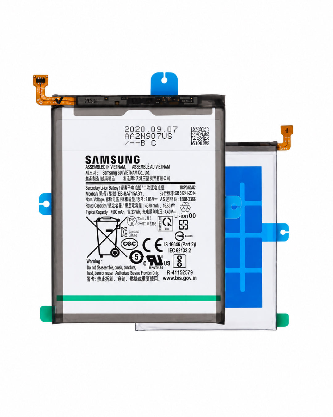 Samsung replacement battery with a white label, black casing, blue protective film, and orange flex cables, shown on a white background.