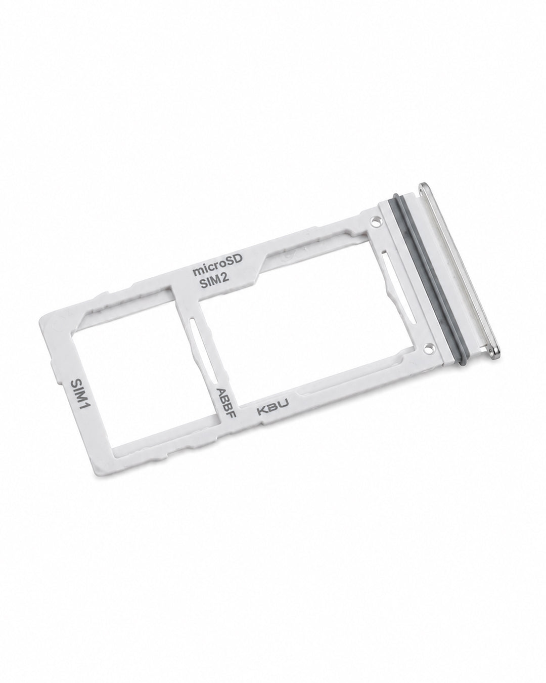 A white plastic SIM card tray adapter with a clear protective cover over the SIM slot, featuring printed labels for SIM1, SIM2, microSD, SIM, and eSIM.