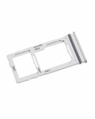 A white plastic SIM card tray adapter with a clear protective cover over the SIM slot, featuring printed labels for SIM1, SIM2, microSD, SIM, and eSIM.