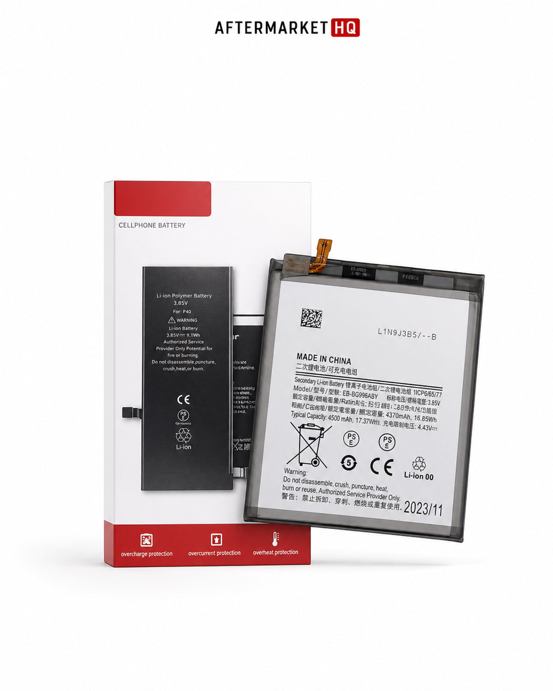 A replacement phone battery shown in front of its retail box on a clean white background. The battery is black with a white printed label and a small orange connector tab.