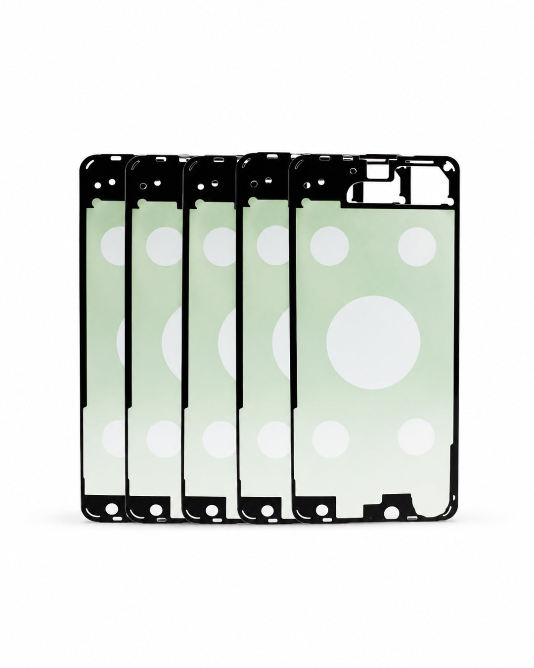Five smartphone back glass replacement panels with a pale mint green and white polka dot pattern, shown in a row against a white background.