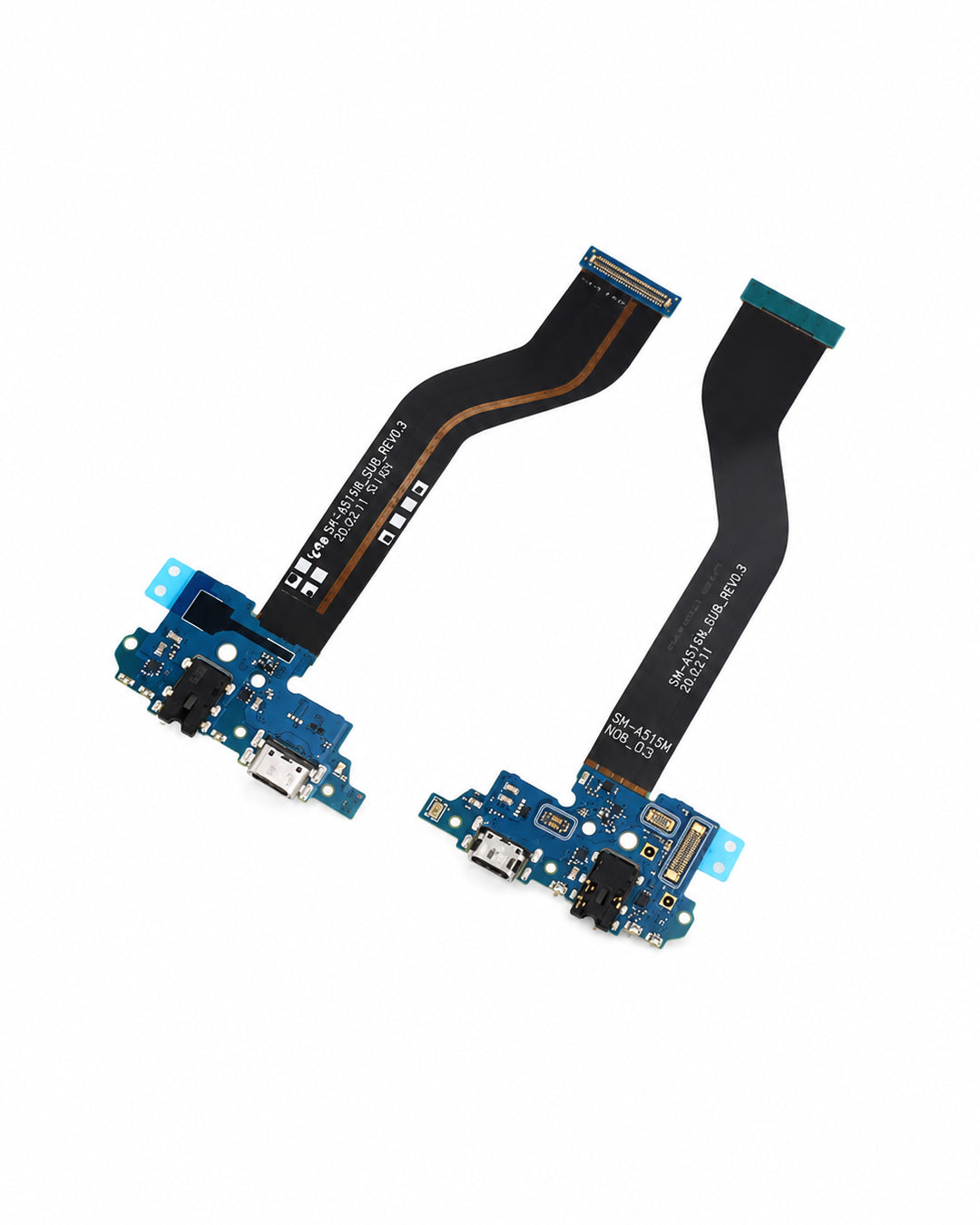 A replacement phone flex cable connector with two black ribbon cables and blue circuit boards, shown on a solid white background.