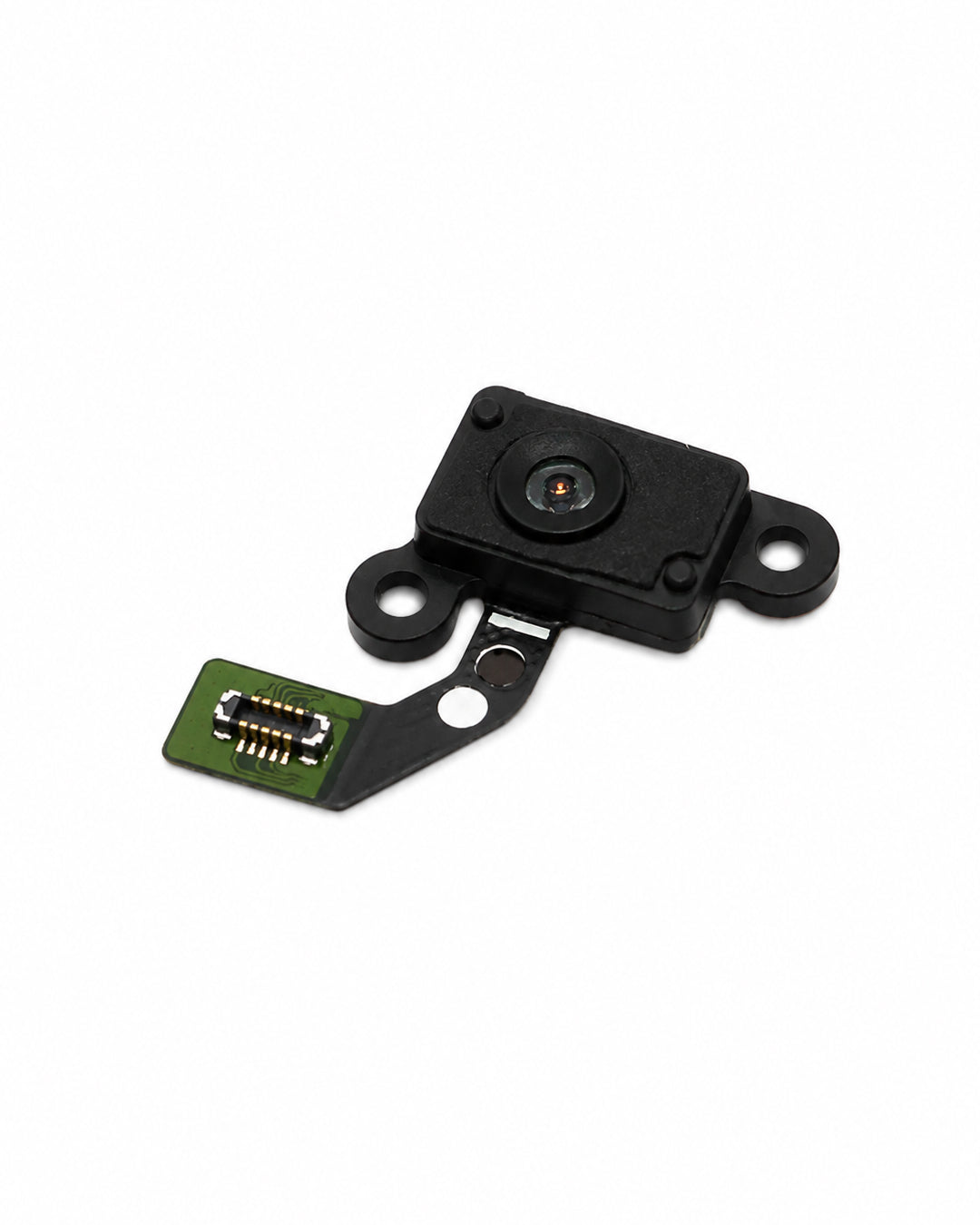A replacement camera module for a smartphone, featuring a black rectangular lens housing with mounting loops and a green flexible circuit board with gold-plated contacts, shown on a plain white background.