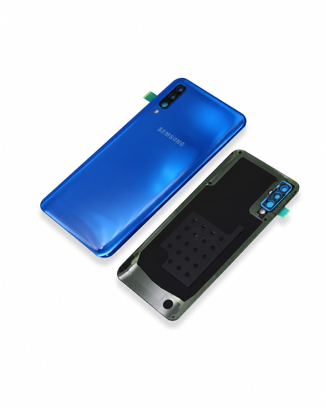 Samsung Galaxy phone back panel replacement parts, showing the glossy blue rear glass and the black replacement frame with camera cutouts, on a white background.