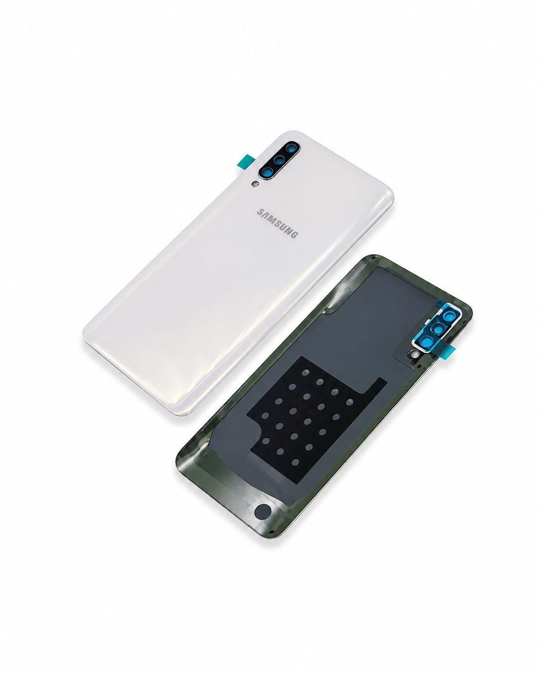 A Samsung smartphone back cover shown in two views on a white background: the outer back panel in white, and the inner back plate in dark gray/black with camera cutouts and a small blue accent.
