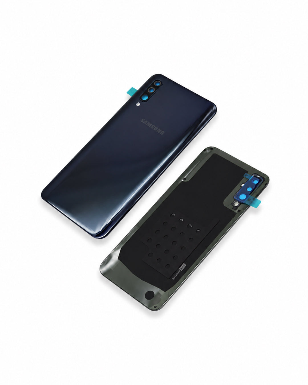 A Samsung smartphone shown from the back in two views: one intact dark navy phone and one with a black protective back cover installed, both on a clean white background.