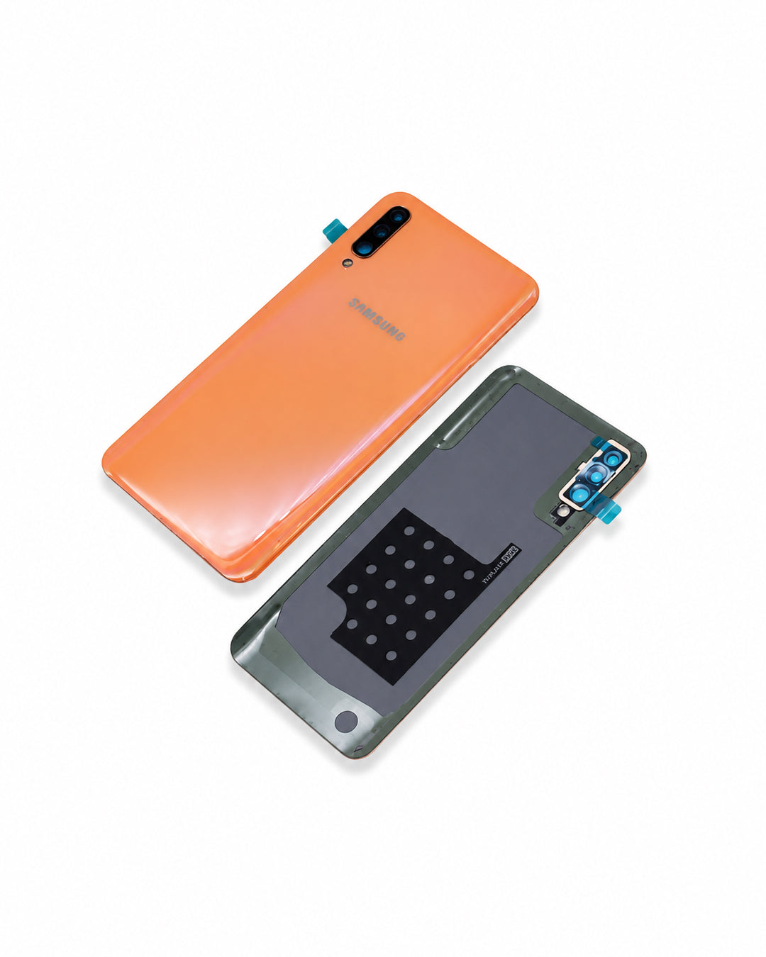 Orange and dark gray replacement back panels for a smartphone, displayed on a clean white background.