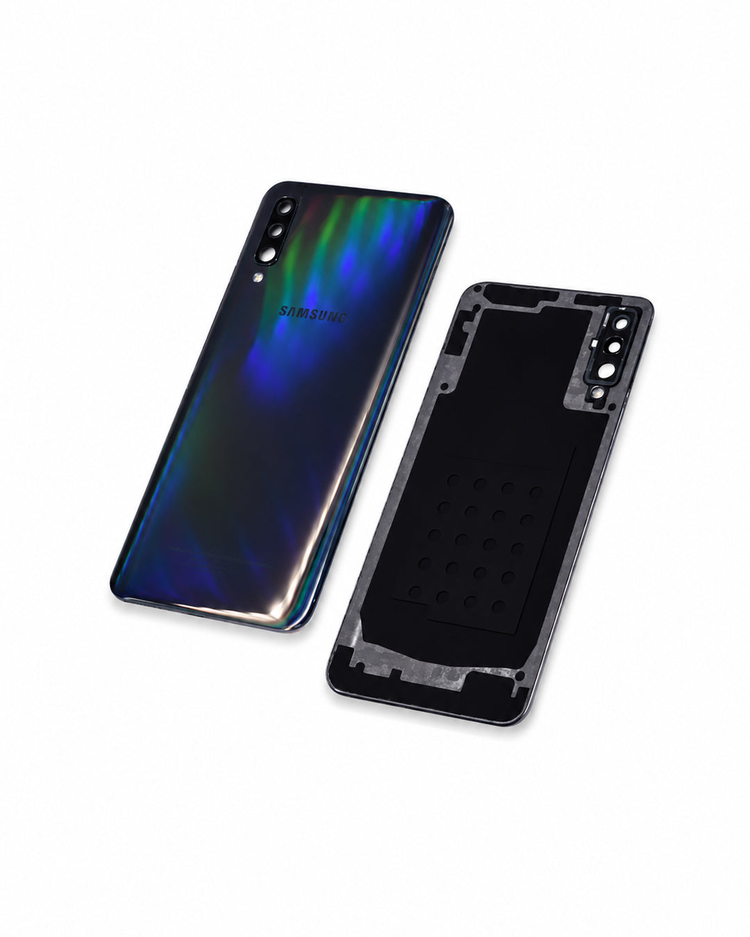 Samsung Galaxy phone back panel assembly showing the iridescent blue-green rear glass cover alongside the black inner frame and protective film, on a white background.