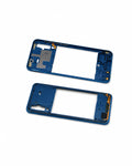 A pair of blue replacement smartphone outer frame shells, shown as a clean product shot on a solid white background.