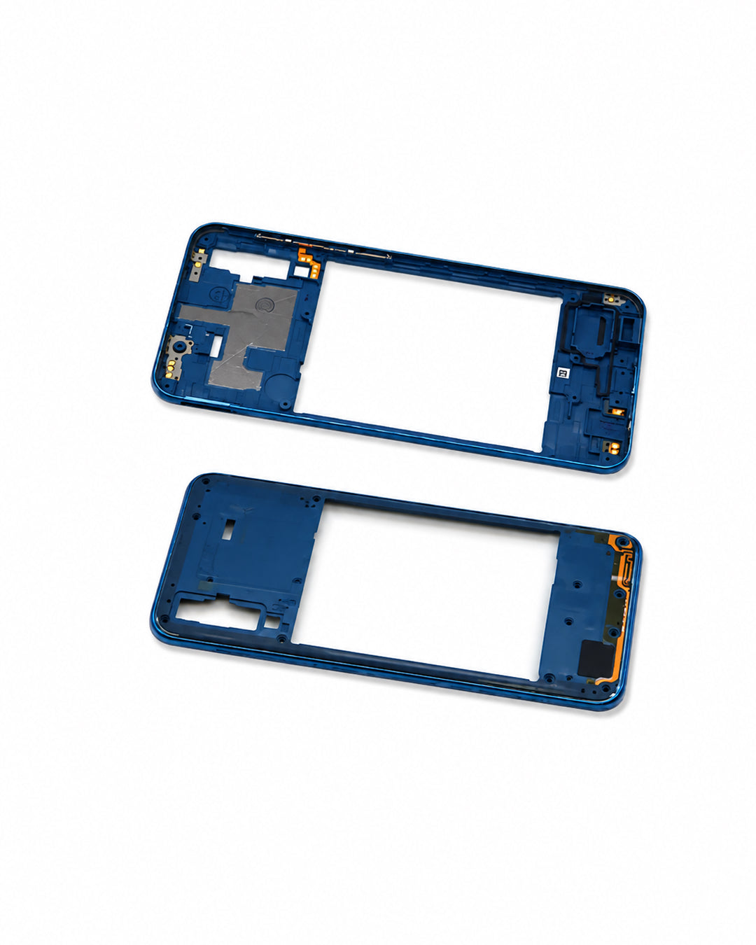 A pair of blue replacement smartphone outer frame shells, shown as a clean product shot on a solid white background.