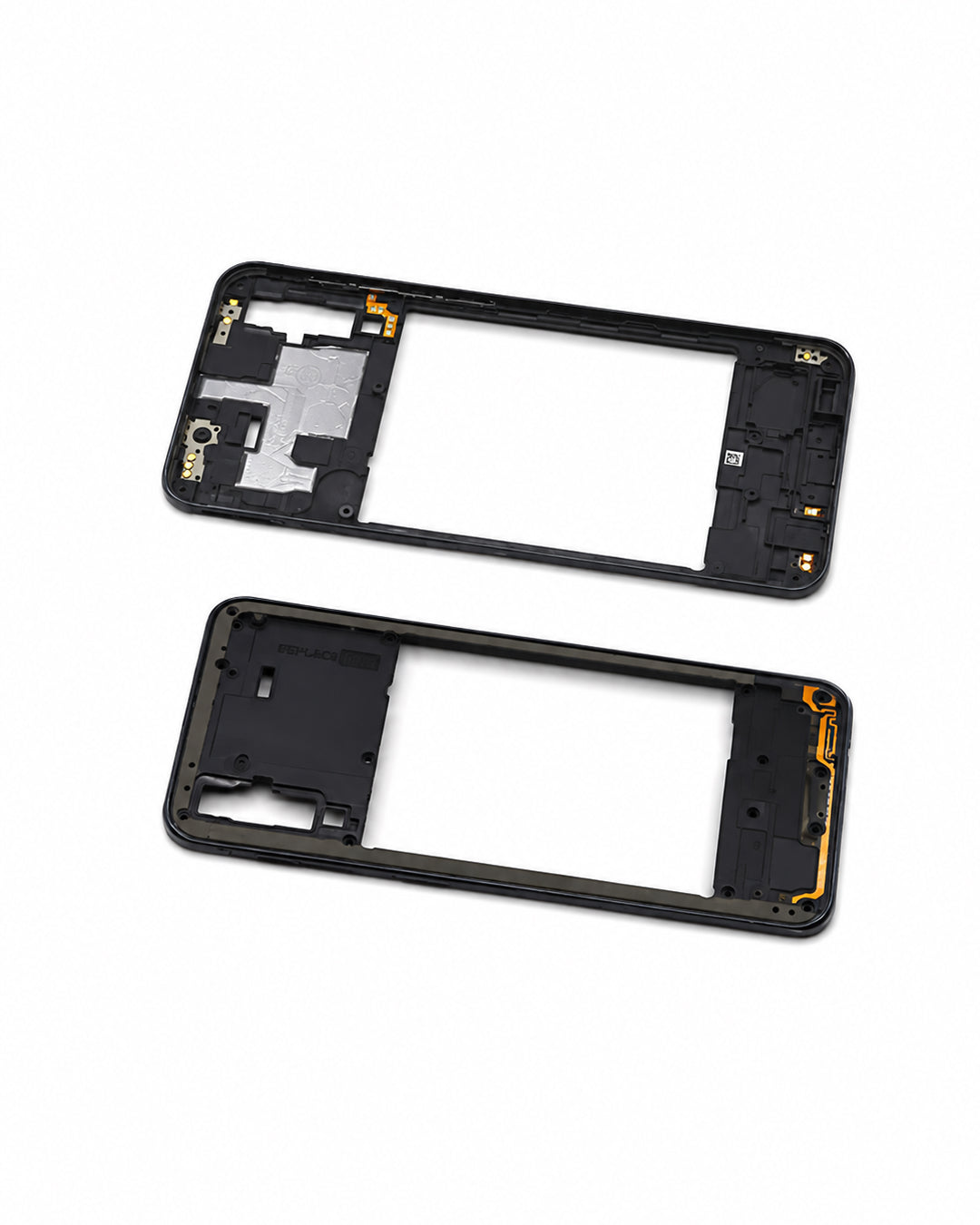 Two black smartphone outer frame assemblies with internal components visible, shown on a clean white background.