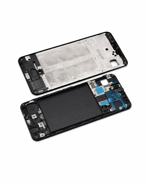 A disassembled smartphone front assembly showing the outer black frame, silver inner panel, black screen area, and internal blue and silver components on a white background.
