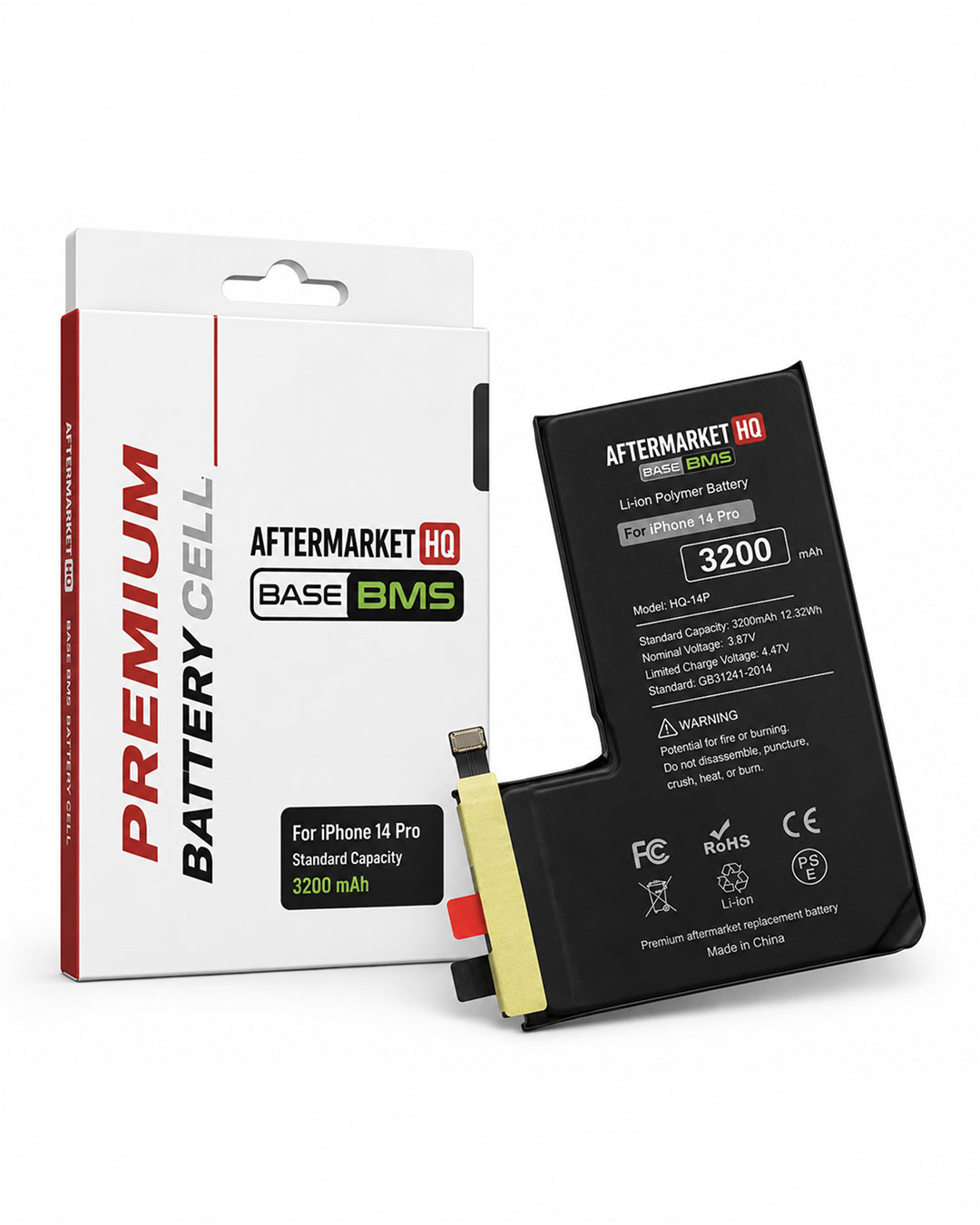 Aftermarket HD iPhone 14 Pro battery shown next to its retail packaging box. The battery is black with a gold connector and a small red accent, and the box is white with red and black branding.