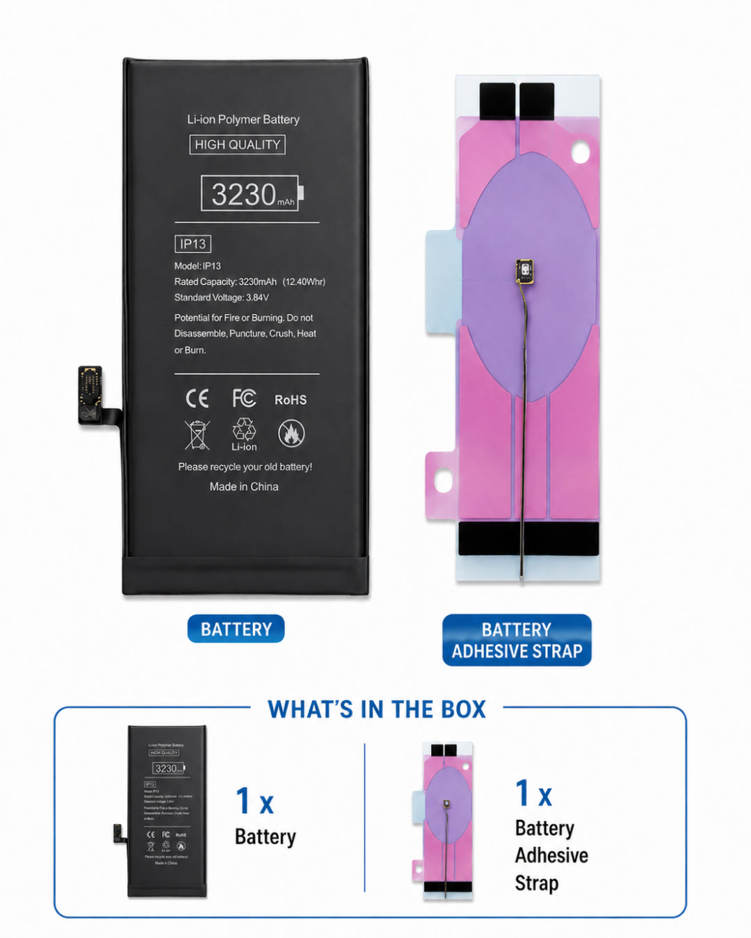 What's included in the box – Premium Aftermarket HQ iPhone 13 battery with easy-release adhesive