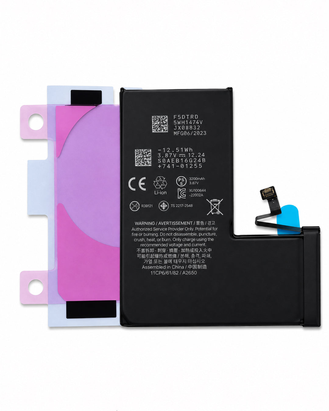 A replacement smartphone battery with a black casing, shown alongside protective pink and blue adhesive film sheets on a white background.