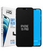Aftermarket HQ iPhone 15 Pro screen replacement kit, showing the black replacement LCD panel, the blue back glass, and the white retail packaging box.