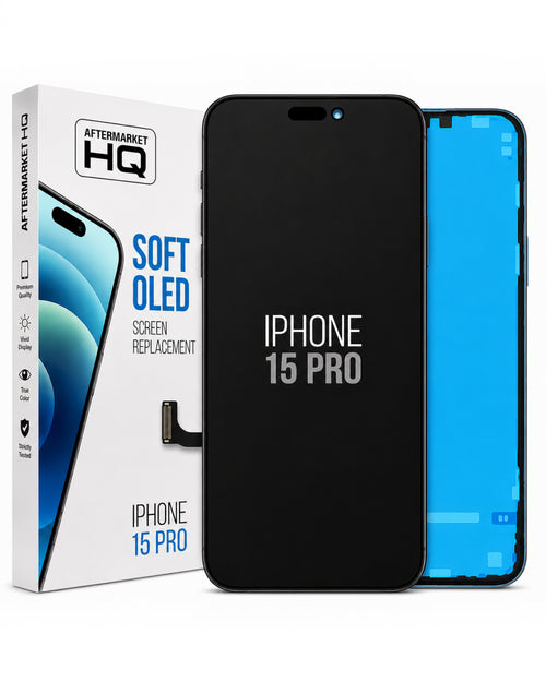Aftermarket HQ iPhone 15 Pro screen replacement kit, showing the black replacement LCD panel, the blue back glass, and the white retail packaging box.