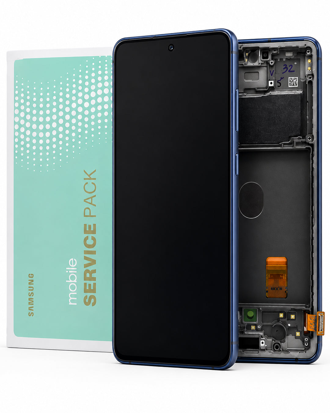Samsung mobile service pack shown with a blue smartphone front panel, an exposed phone back showing internal components, and the mint-green service pack box on a white background.