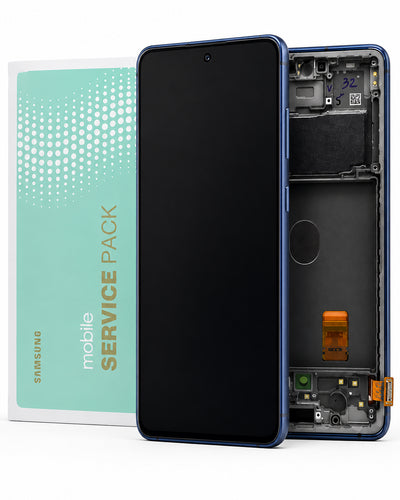 Samsung mobile service pack shown with a blue smartphone front panel, an exposed phone back showing internal components, and the mint-green service pack box on a white background.
