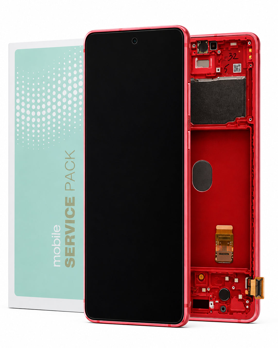 A mobile phone service pack kit showing a red smartphone with its front screen on and the back panel removed, alongside a mint green box labeled 'mobile SERVICE PACK'.