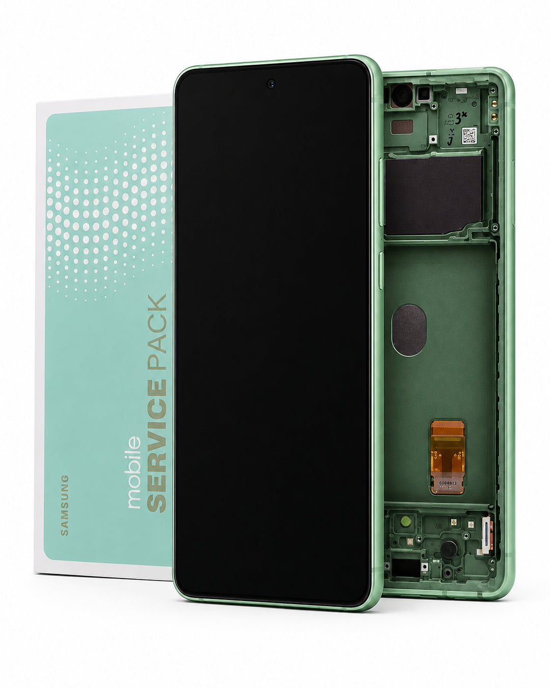 Samsung mobile service pack kit showing a replacement front screen panel with a black display area and a light green frame, alongside the exposed internal backplate and a branded service pack box.