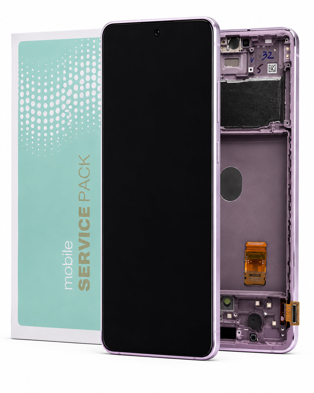 A replacement smartphone front screen and frame assembly shown disassembled, with the black front panel standing upright, the inner purple frame visible on the right, and a mint-green 'mobile service pack' box on the left against a white background.