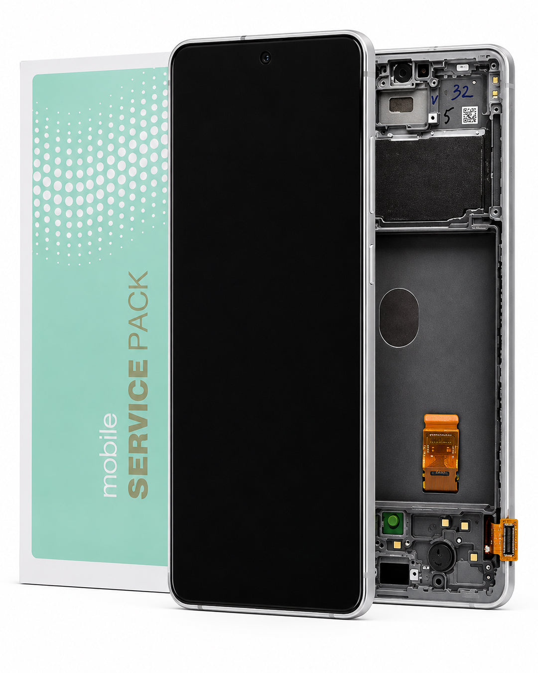 A replacement mobile phone service pack set showing a black replacement front screen, an exposed phone frame with internal components, and the mint green and white retail box labeled 'mobile SERVICE PACK'.