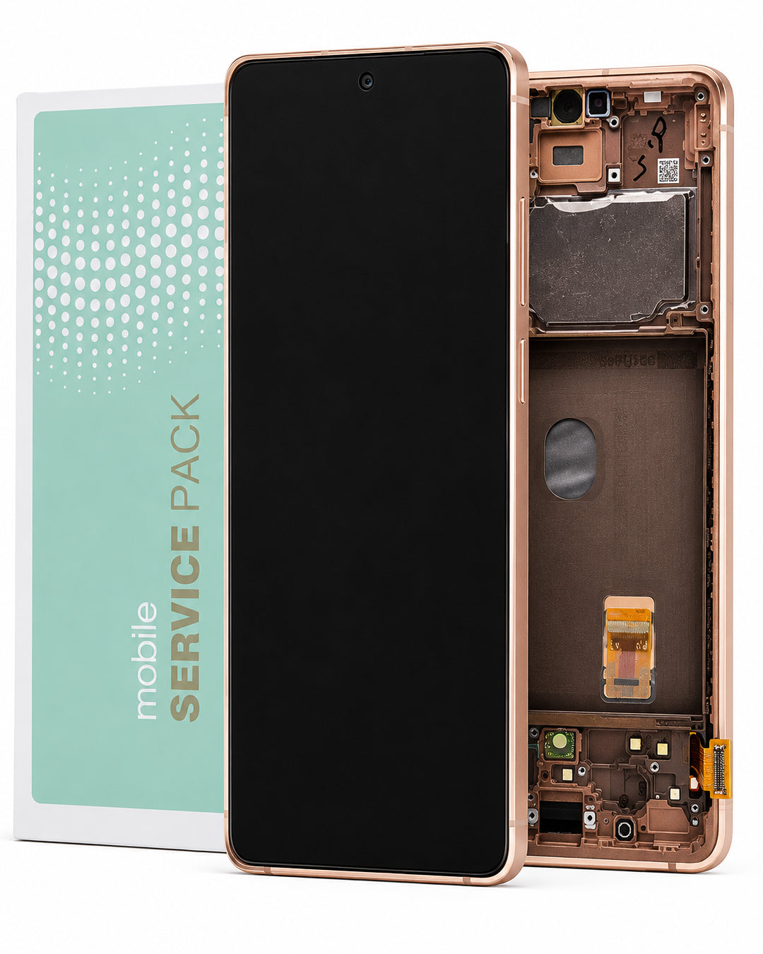 A replacement mobile phone LCD screen and frame assembly shown next to its packaging box. The assembly features a black screen panel with a rose gold metallic frame, and the inner brown circuitry and gold flex cable of the phone frame are visible.