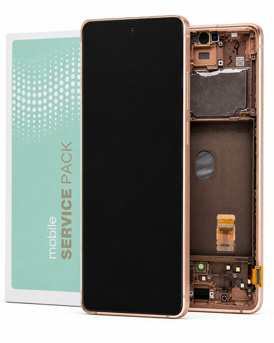 A replacement mobile phone LCD screen and frame assembly shown next to its packaging box. The assembly features a black screen panel with a rose gold metallic frame, and the inner brown circuitry and gold flex cable of the phone frame are visible.