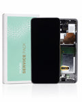 A replacement smartphone front screen assembly shown next to its open back frame and packaging box. The front panel is black, while the exposed back reveals internal components including a flex cable, battery, and circuit board.