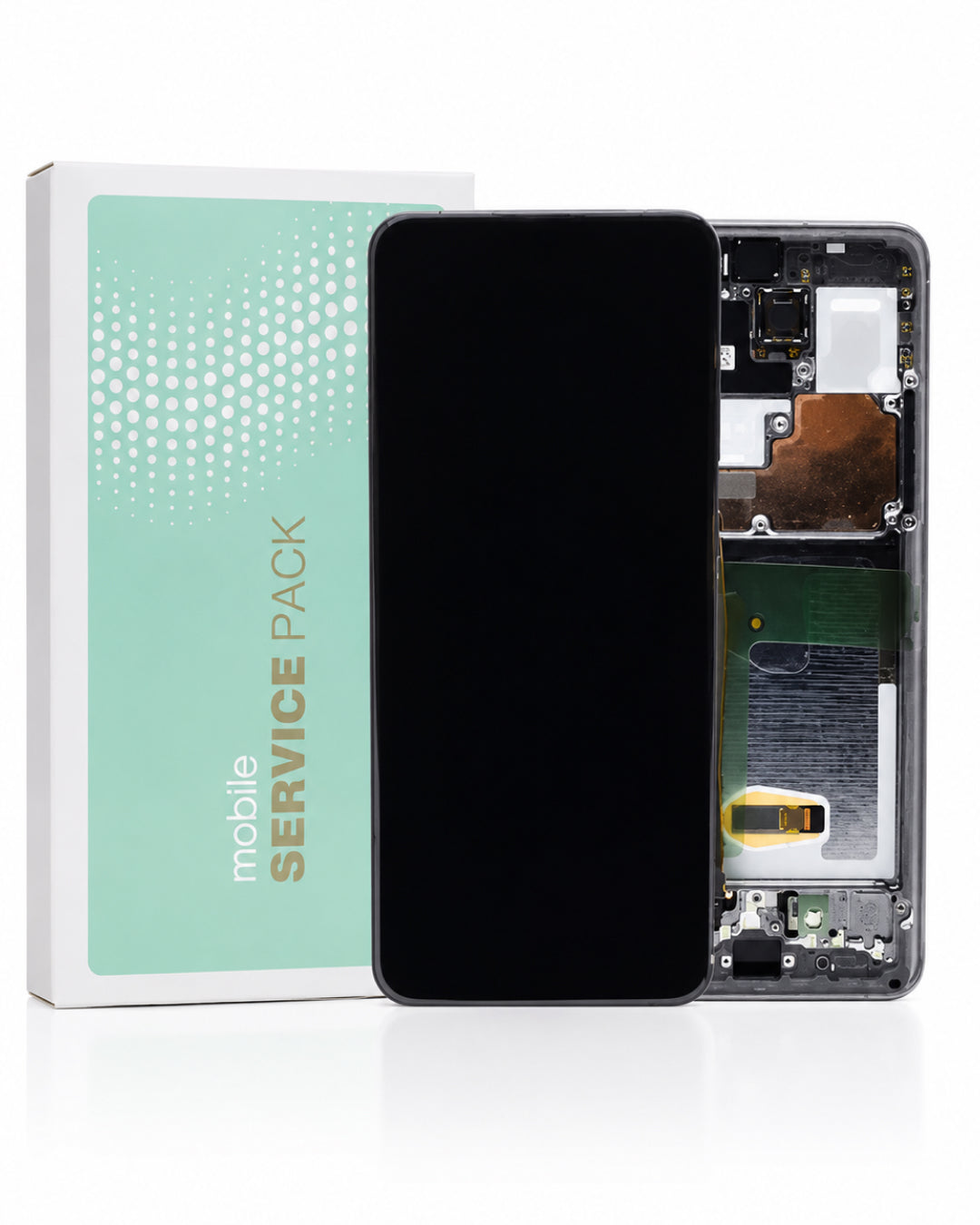 A replacement smartphone front screen assembly shown next to its open back frame and packaging box. The front panel is black, while the exposed back reveals internal components including a flex cable, battery, and circuit board.