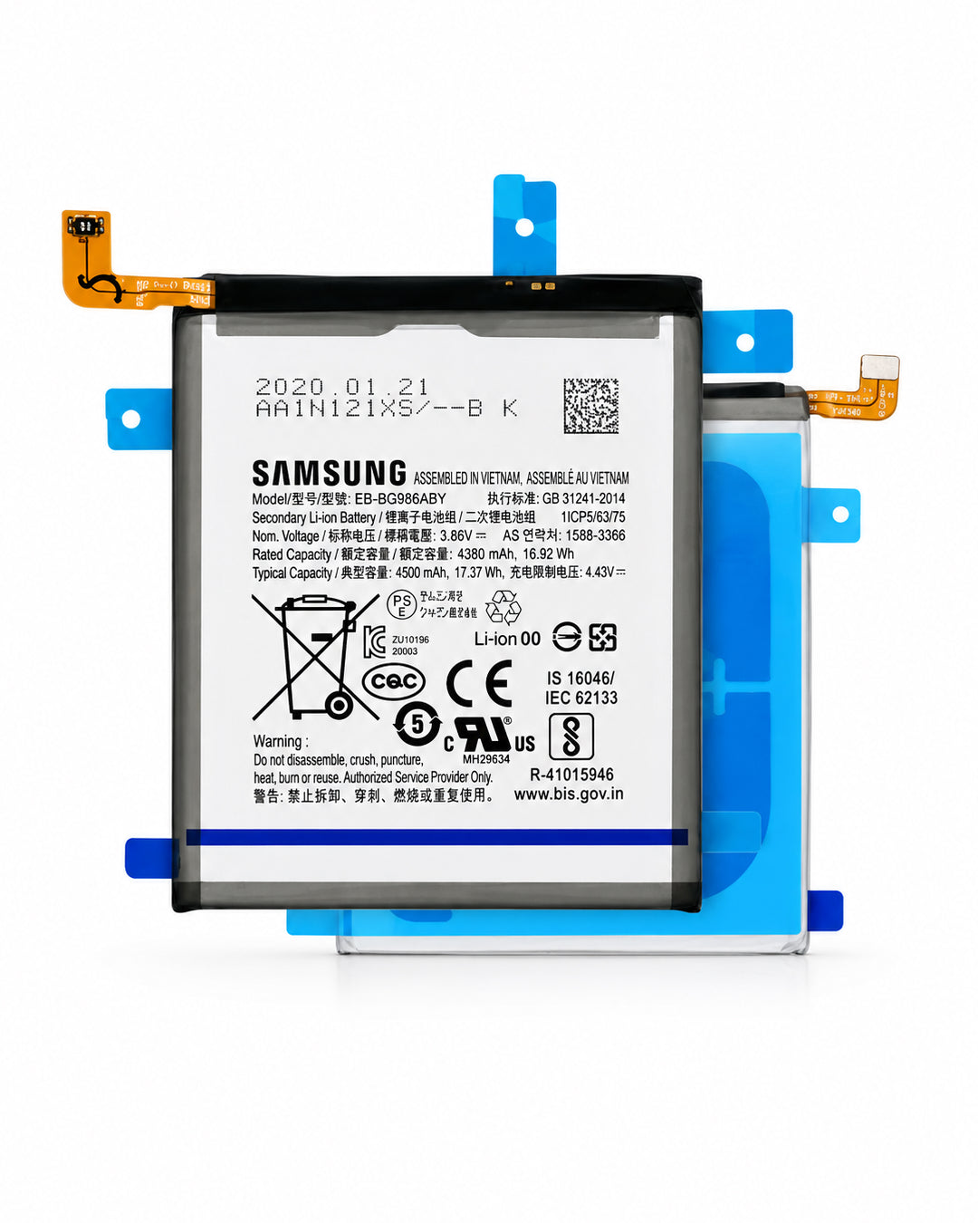 A Samsung replacement lithium-ion battery with a black casing, white printed label, and blue plastic mounting clips, shown against a white background.