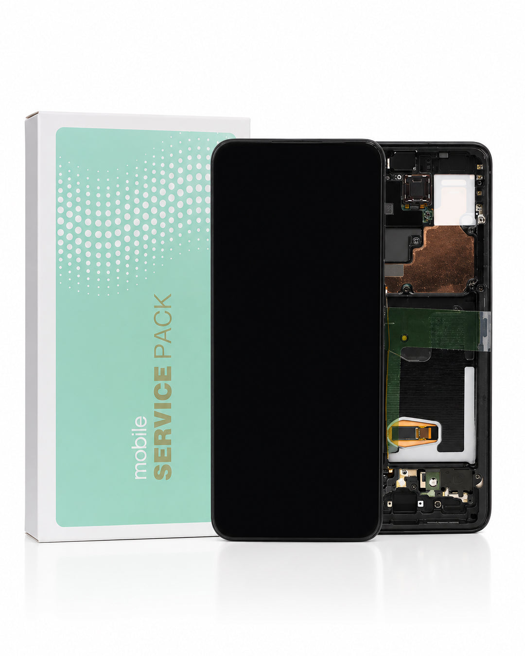 A replacement mobile phone service pack showing a black replacement front panel and the exposed internal back of a smartphone next to its mint green and white packaging box labeled 'mobile SERVICE PACK'.