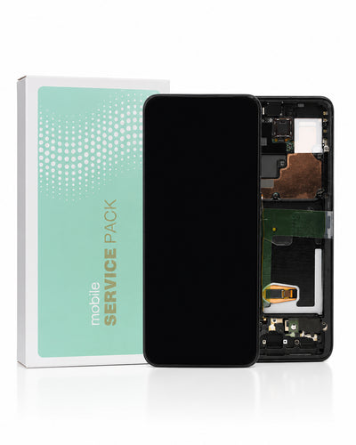 A replacement mobile phone service pack showing a black replacement front panel and the exposed internal back of a smartphone next to its mint green and white packaging box labeled 'mobile SERVICE PACK'.