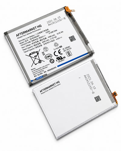 Two replacement batteries for an Aftermarket HQ R11 NIN-210G2-B device, shown from opposite sides on a clean white background. One battery displays technical specifications, while the other shows the side with orange connector tabs.