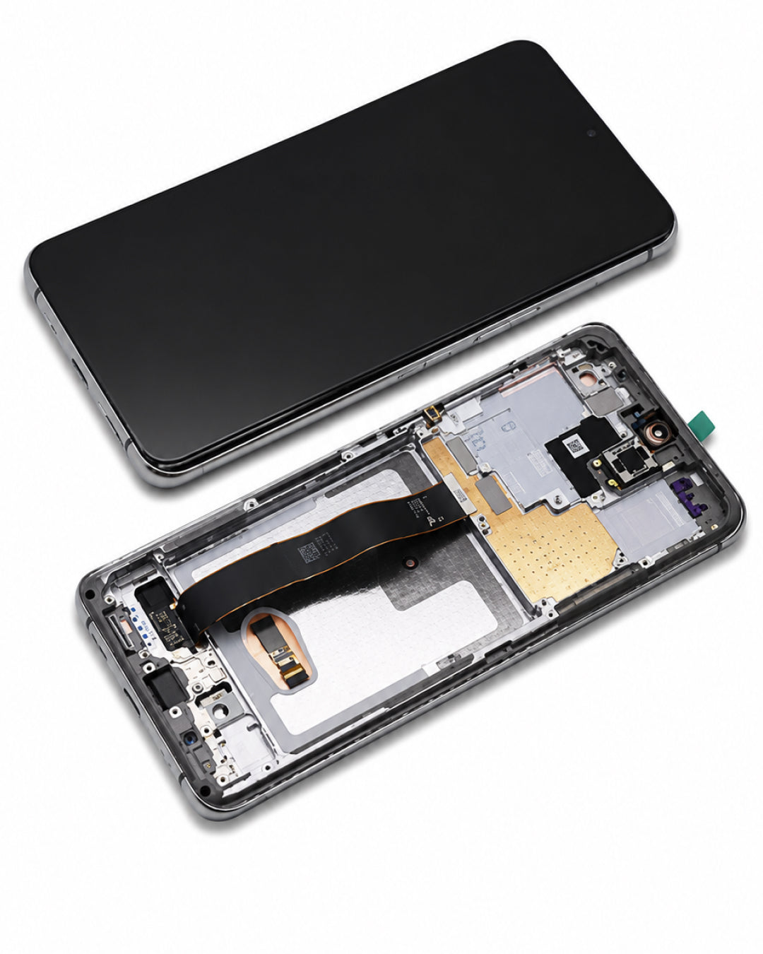 A smartphone replacement part set showing both the black front glass screen assembly and the exposed internal chassis with circuit boards, flex cable, and camera module, photographed on a clean white background.