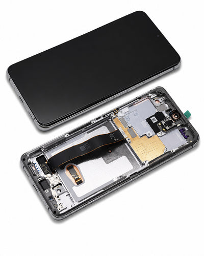 A smartphone replacement part set showing both the black front glass screen assembly and the exposed internal chassis with circuit boards, flex cable, and camera module, photographed on a clean white background.