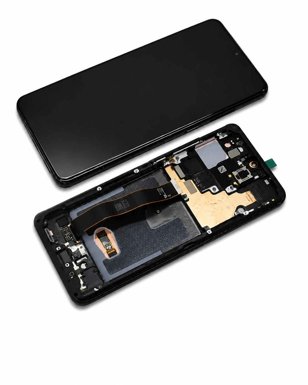 A replacement smartphone display assembly shown in two parts: the black glass front panel on top and the black internal frame with electronic connectors and gold contacts below, photographed on a clean white background.