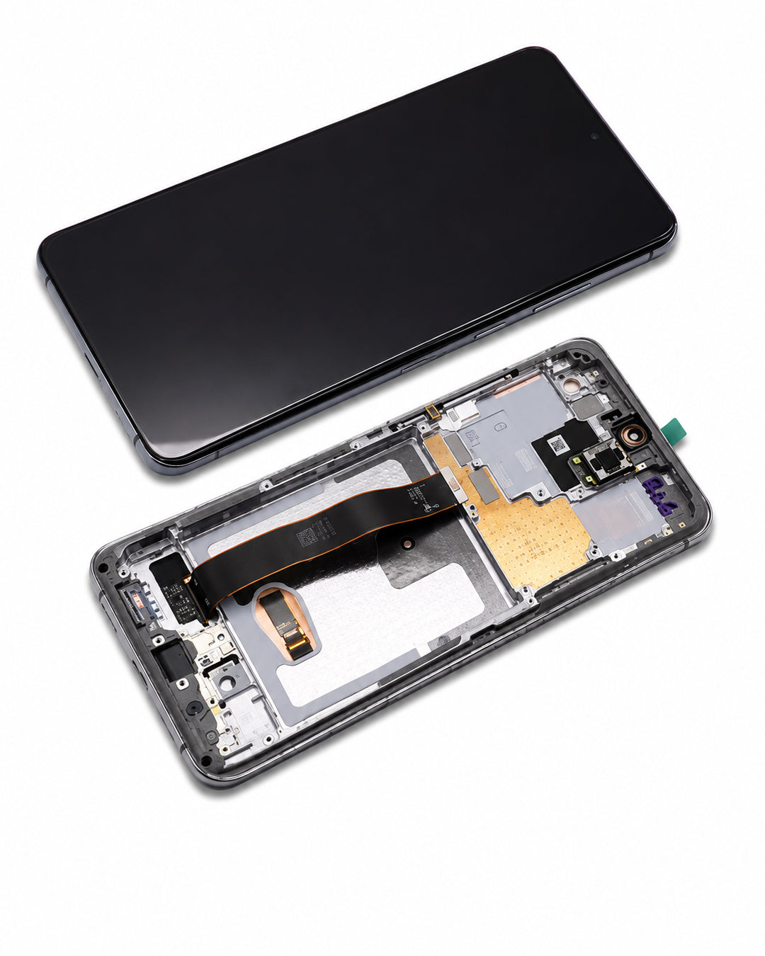 A replacement smartphone front glass display panel shown in two states: assembled on the top and disassembled with internal components visible on the bottom, set against a plain white background.