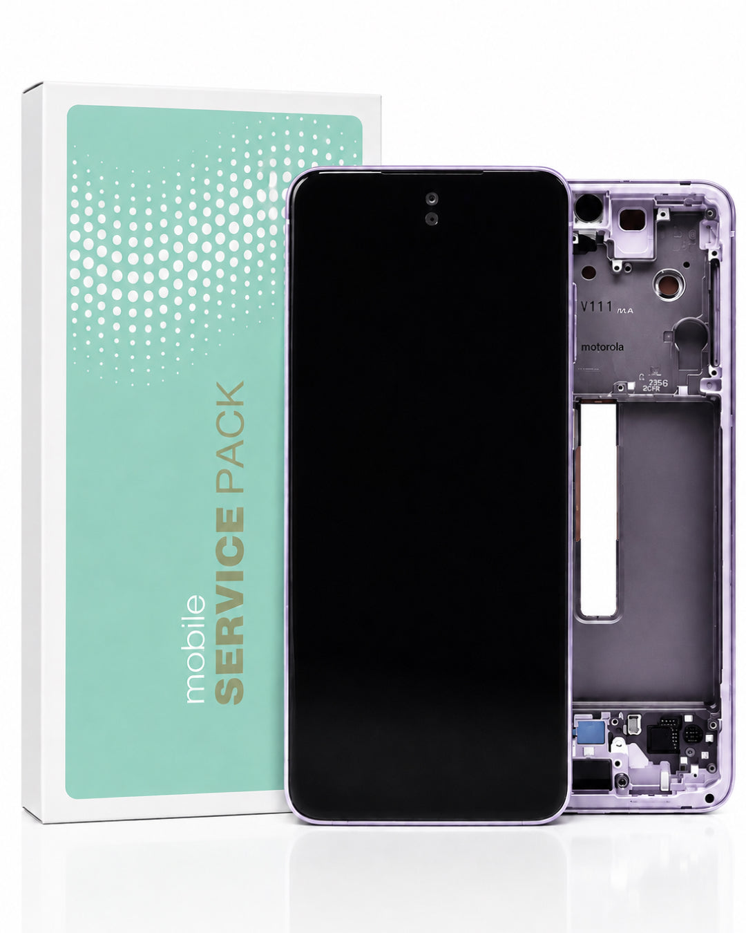 A replacement mobile phone screen assembly shown with its outer frame and internal panel, alongside its mint green and white retail box labeled 'mobile SERVICE PACK'.