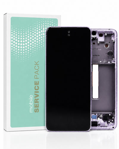 A replacement mobile phone screen assembly shown with its outer frame and internal panel, alongside its mint green and white retail box labeled 'mobile SERVICE PACK'.