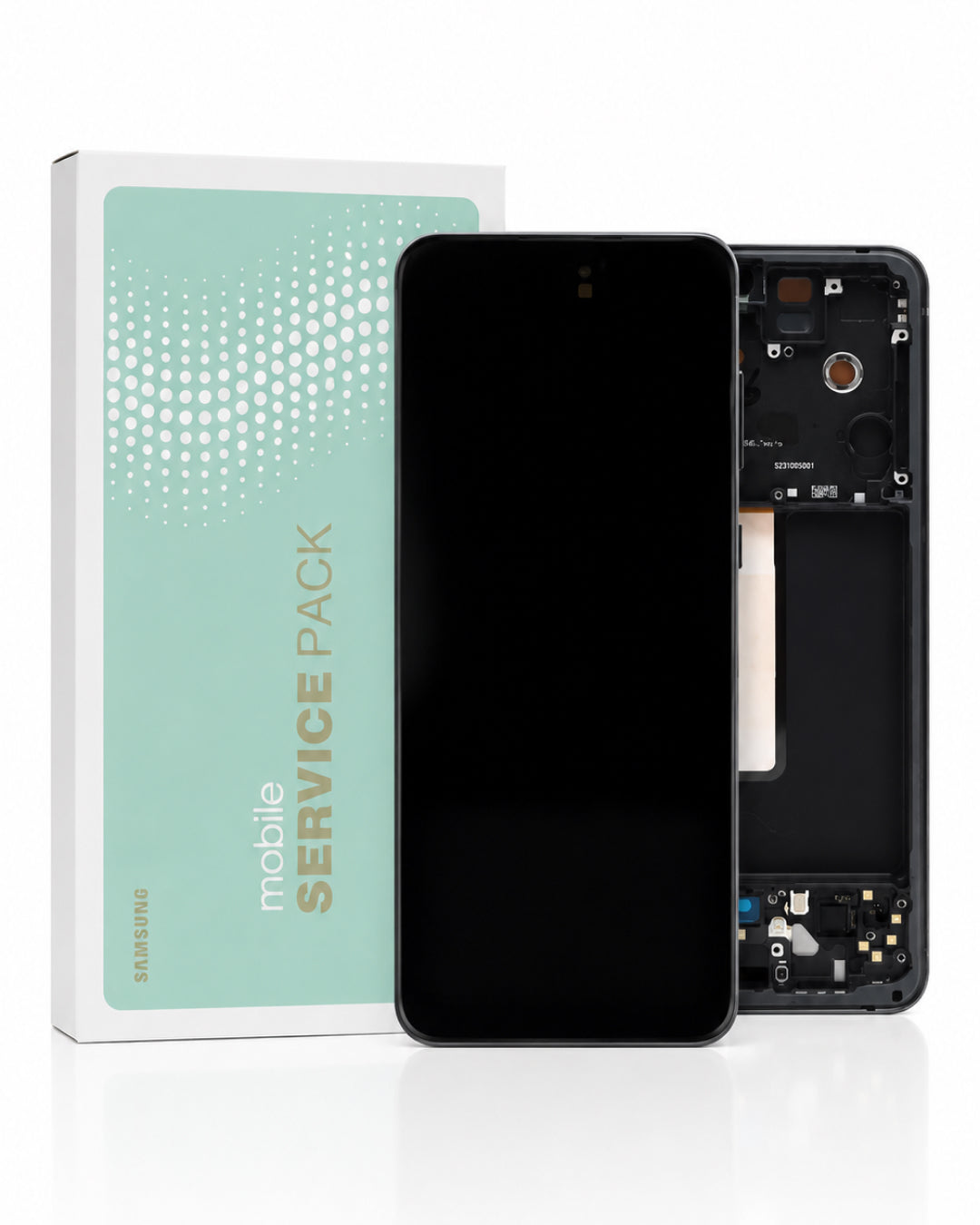 Samsung mobile service pack showing a replacement front screen and back glass assembly next to its mint green and white packaging box.