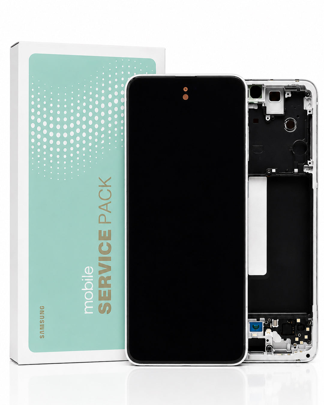 Samsung mobile service pack showing a replacement phone front glass panel with black screen, a silver phone back frame, and the product packaging box with a mint green and white design.