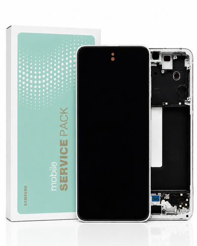 Samsung mobile service pack showing a replacement phone front glass panel with black screen, a silver phone back frame, and the product packaging box with a mint green and white design.