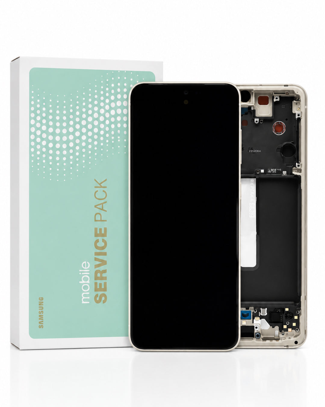 Samsung mobile service pack kit showing a replacement front screen panel with black display, the inner frame, and the branded retail box on a clean white background.